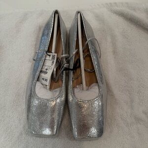New Zara Silver Ballet Flats With Bow Sz 40 Square Toe